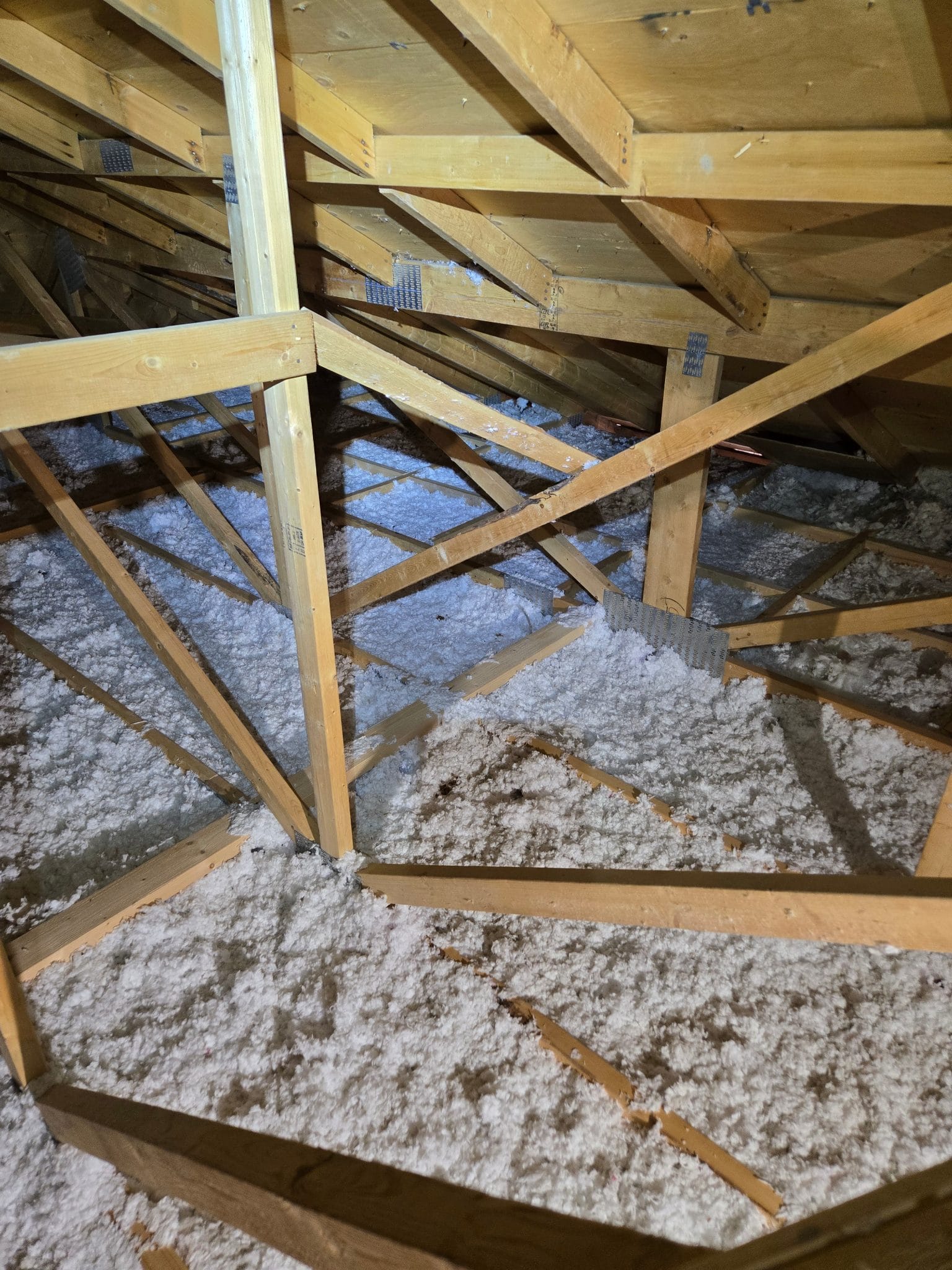 Another angle of the two-inch attic &mdash; coverage this thin can&rsquo;t even bury the wiring.