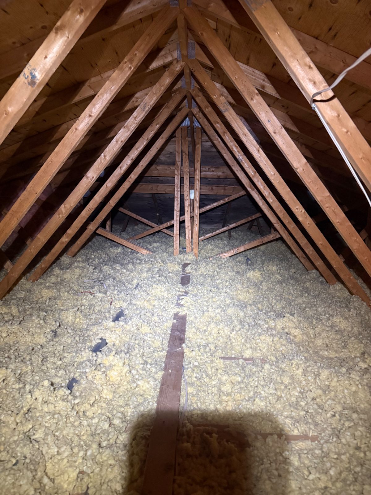 The wide view: patchy coverage, voids at the eaves, and darkening visible on the far sheathing.