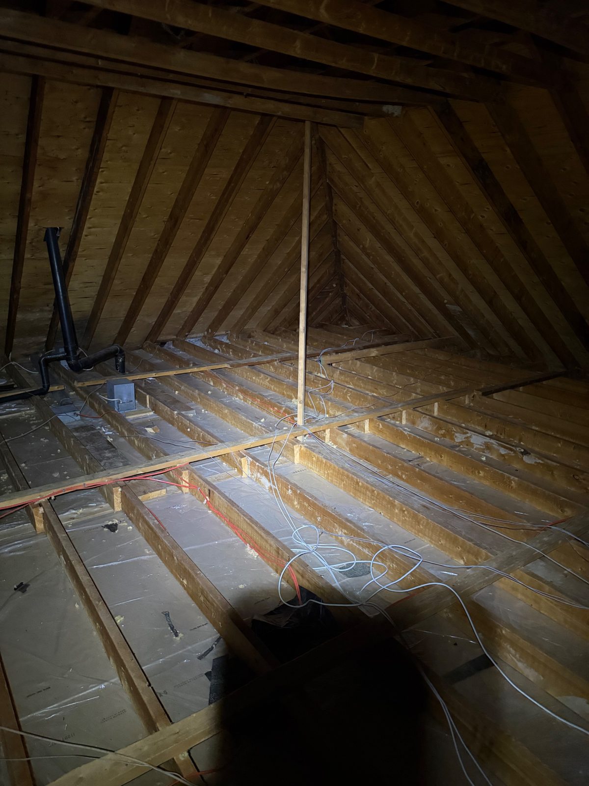 Step 1 &mdash; every trace removed: the attic stripped to bare joists and vacuumed clean.
