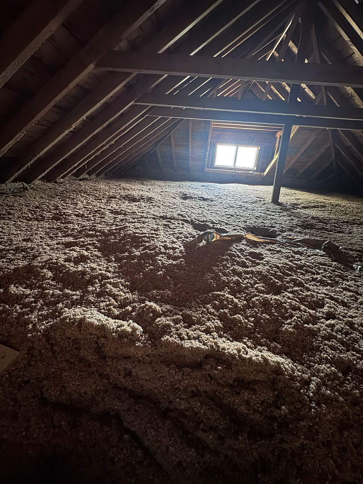 Before: the original attic under a blanket of decades-old insulation — and the source of the smell upstairs.