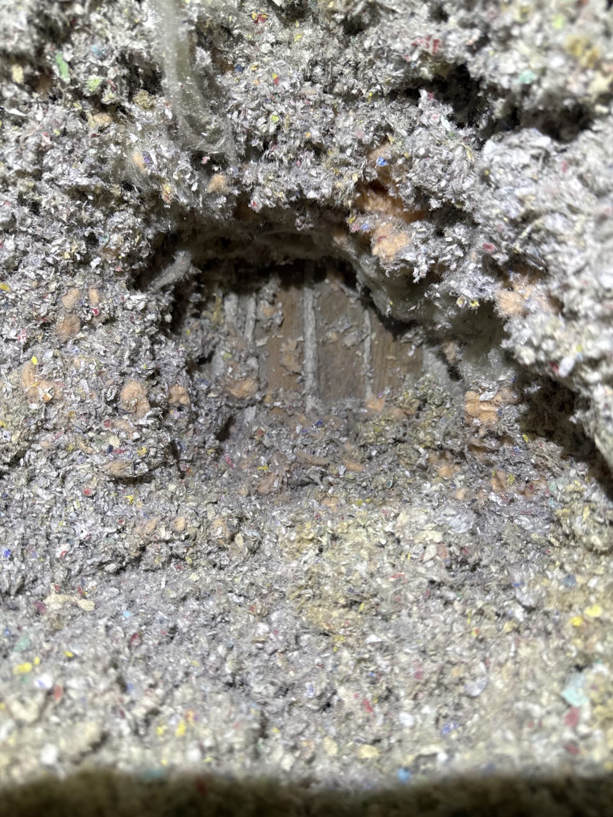 An inspection pit dug to the wood lath shows how little material was actually protecting the home.