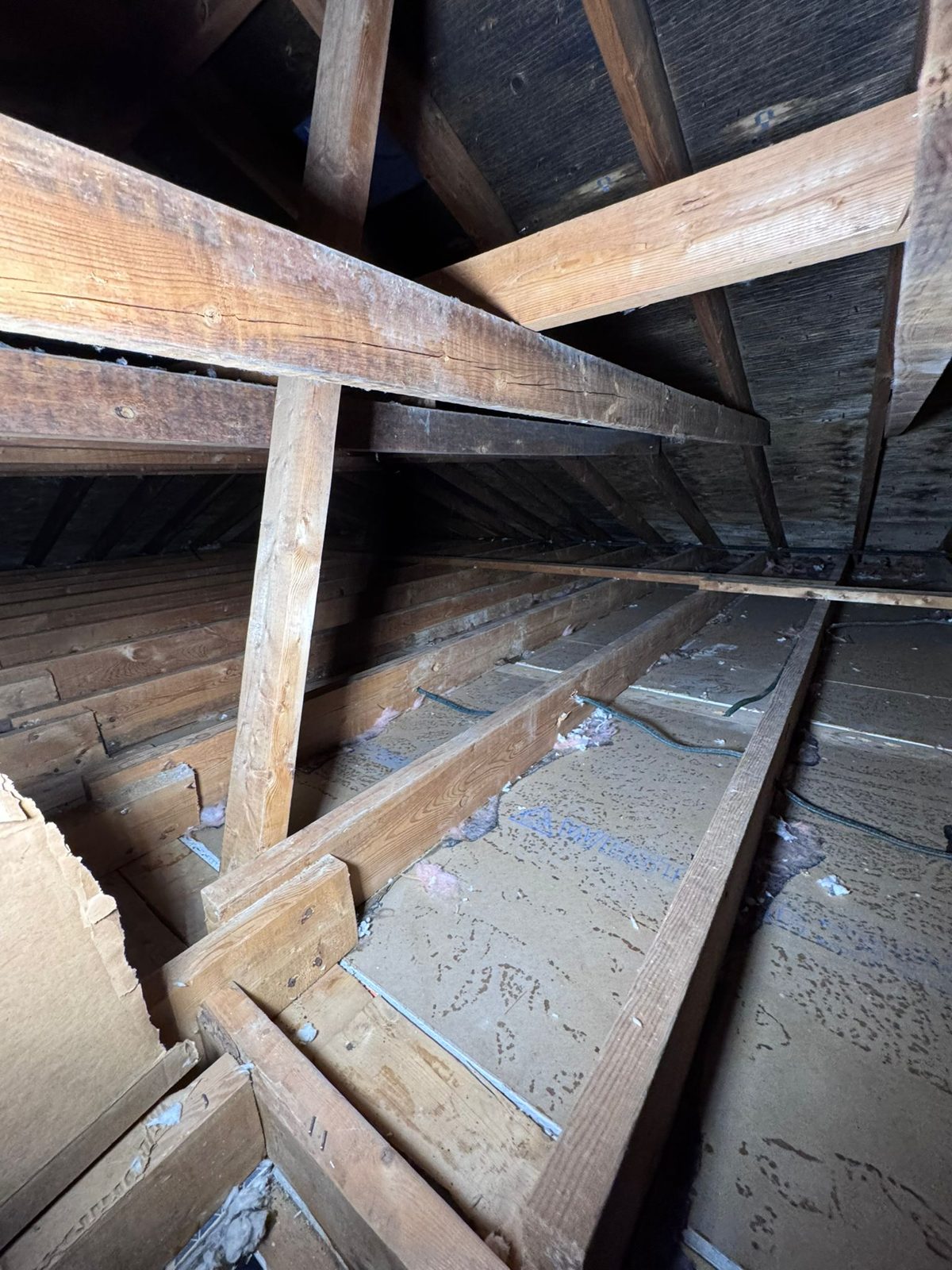 Step 1 &mdash; stripped to bare joists: all 1,000 sq ft of degraded insulation removed, right down to the boards.