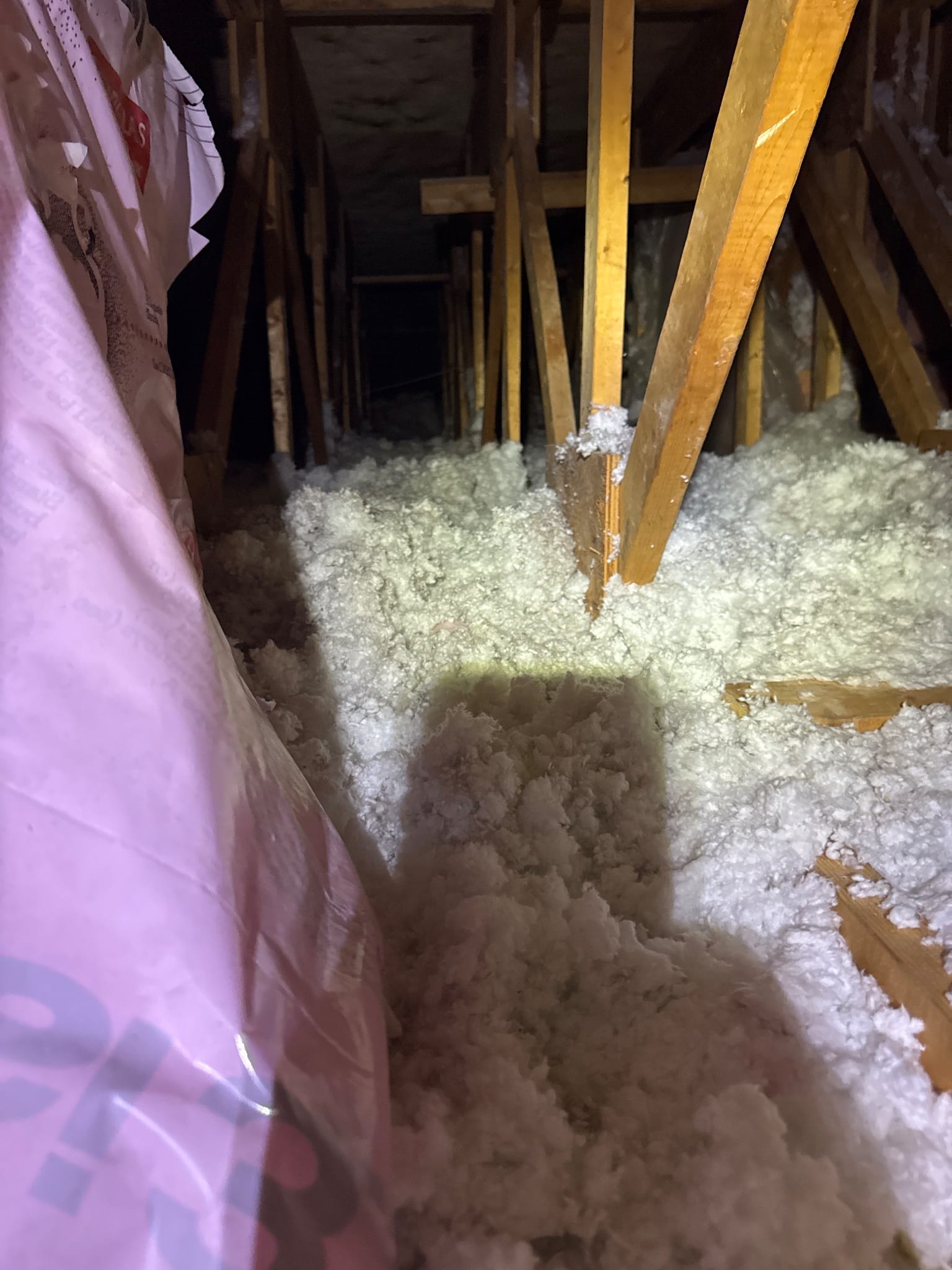 The before overview: thin, uneven coverage across a big attic footprint.