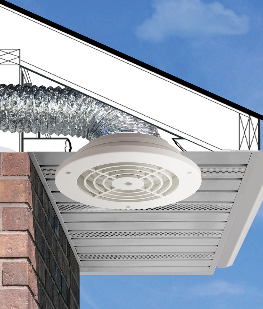 Soffit venting — the intake half: air enters at the eaves and feeds everything above it.