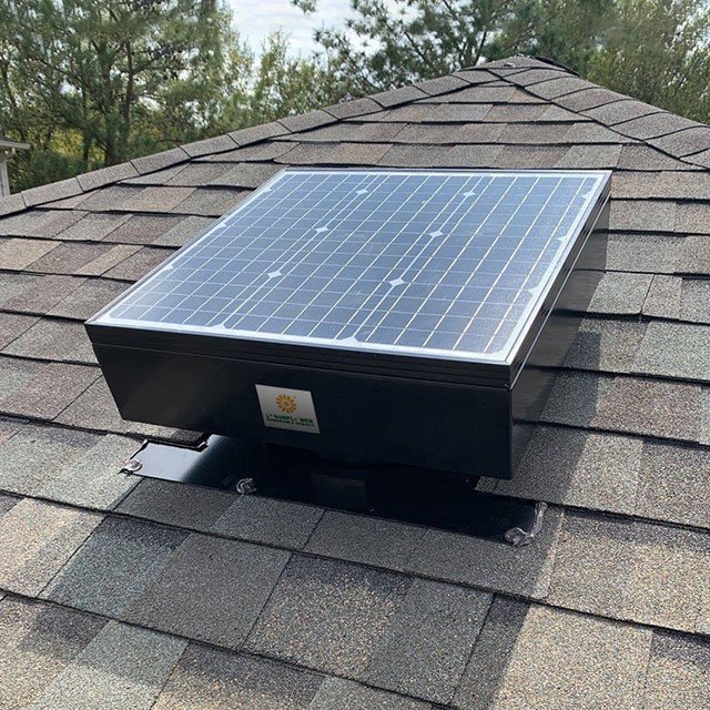 A solar-powered attic fan — a summer heat-purge tool, not a fix for missing intake.